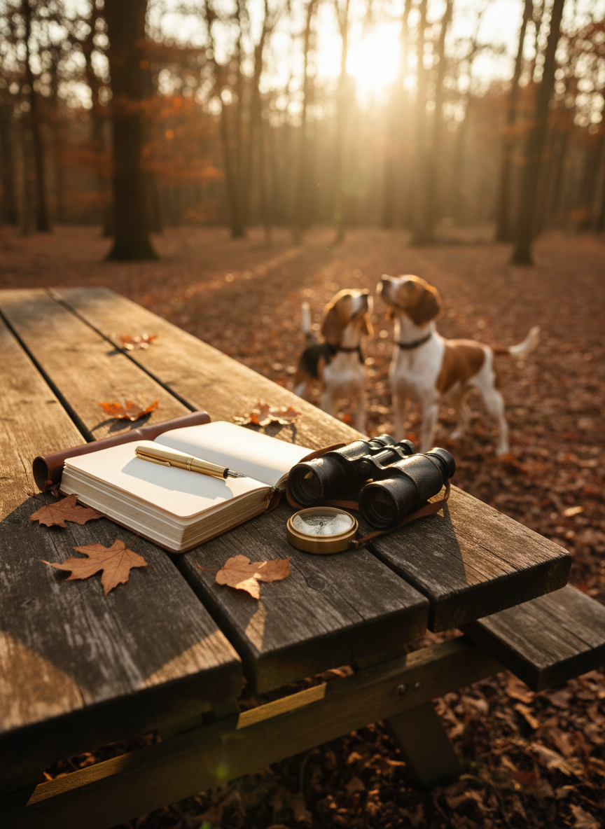 An elegant still life of an outdoor writer’s corner arranged on a sturdy wooden picnic table at the edge of a clearing. A leather-bound journal lies open, its blank pages catching the soft golden hour light, while a pair of worn binoculars and a vintage compass rest nearby. In the background, a beagle and a larger hunting dog stand alert at the tree line, slightly out of focus, noses lifted to the air. The surrounding forest glows with late-day sun, casting long, gentle shadows across fallen leaves. Captured from a low, three-quarter angle in photographic realism, the composition uses the rule of thirds, evoking a refined yet adventurous mood, perfect for introducing an author who writes about dogs and the outdoors.