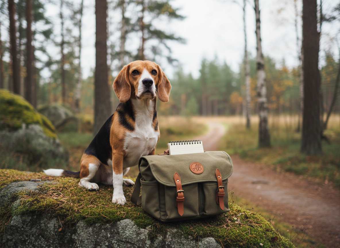 A dignified beagle sits on a mossy rock at the edge of a quiet woodland trail, its tri-colored coat sharply defined against a backdrop of soft, blurred pines and birches. Next to the dog, a closed canvas field bag bears a discreet leather patch subtly suggesting an author’s monogram, with the corner of a notebook just peeking out. Overcast sky creates diffused, even lighting that renders every hair and texture in rich detail without harsh shadows. Shot at the dog’s eye level in photographic realism with a shallow depth of field, the composition centers the beagle while leading lines of the path recede into the distance. The mood is calm, observant, and sophisticated, suitable for a section highlighting essays or stories about beagles and the outdoors.